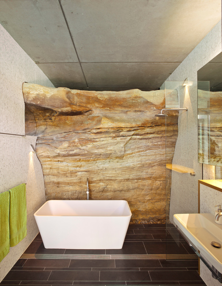 contemporary wood accent wall bathroom