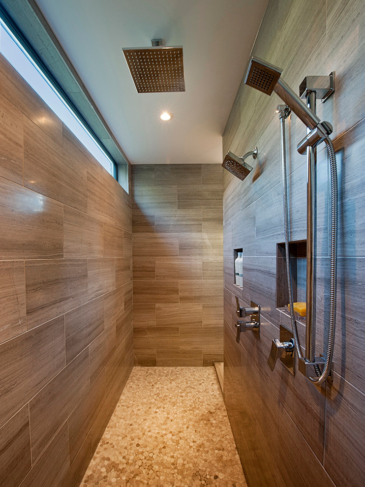 trendy bathroom with double shower