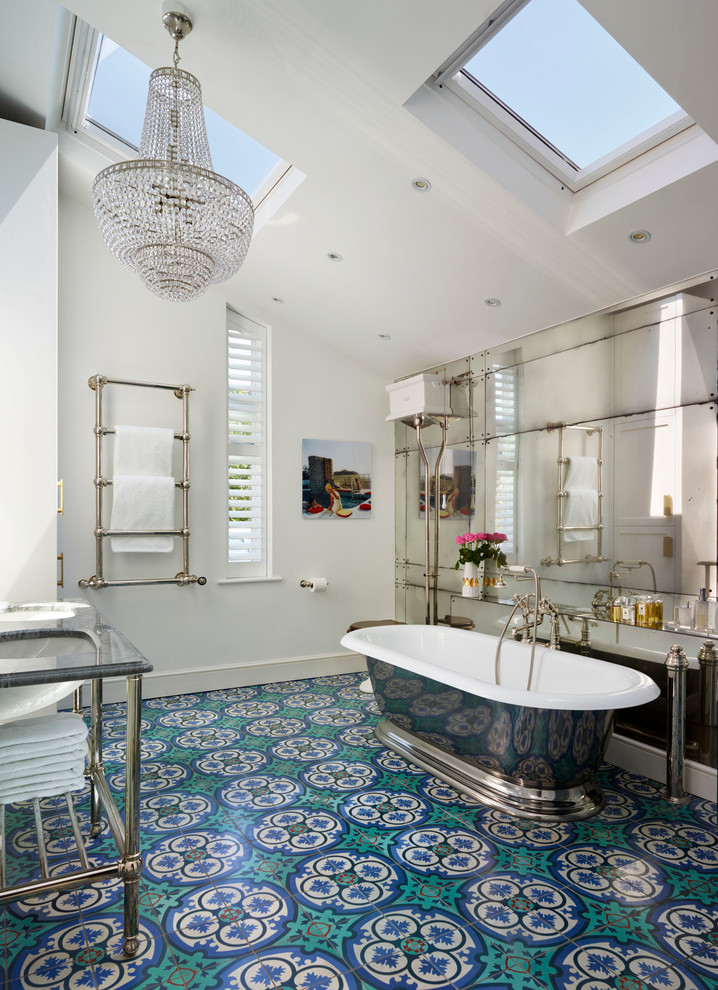 victorian dream master bathroom with multicolored tile and open shower