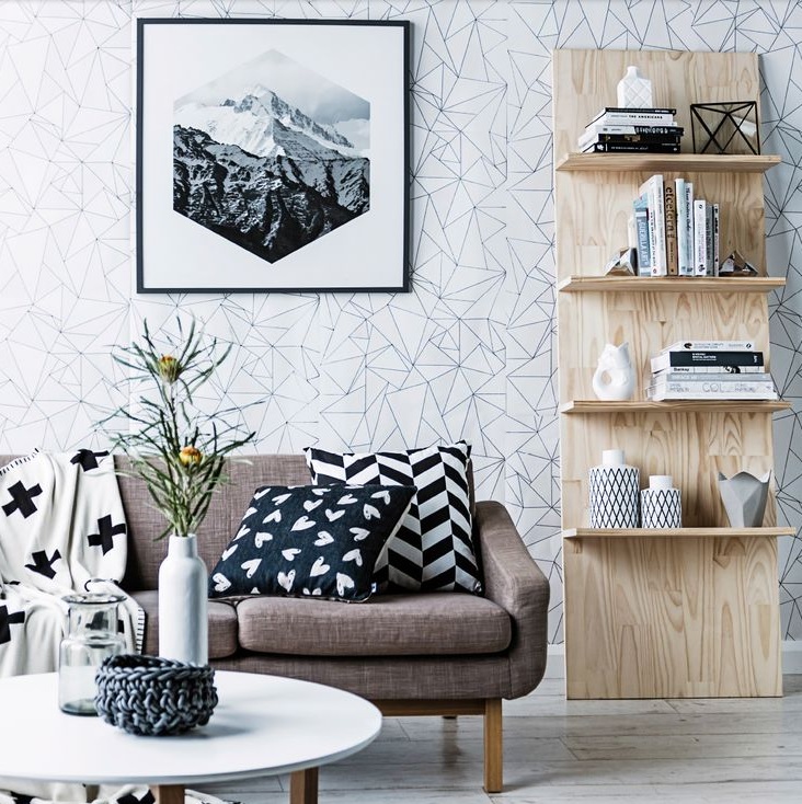 Blak and White Living Room Interior Design With Scandinavian Wallpaper