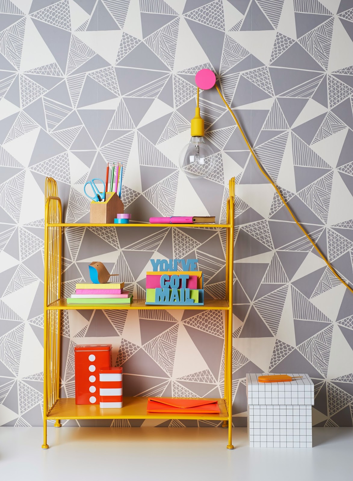 Kids Room Design With Modern Lamp and Geometric Wallpaper