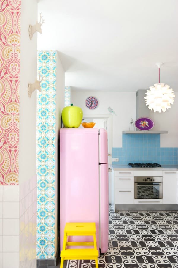Kitchen With Vintage Fridge and Black and White Flooring Tiles