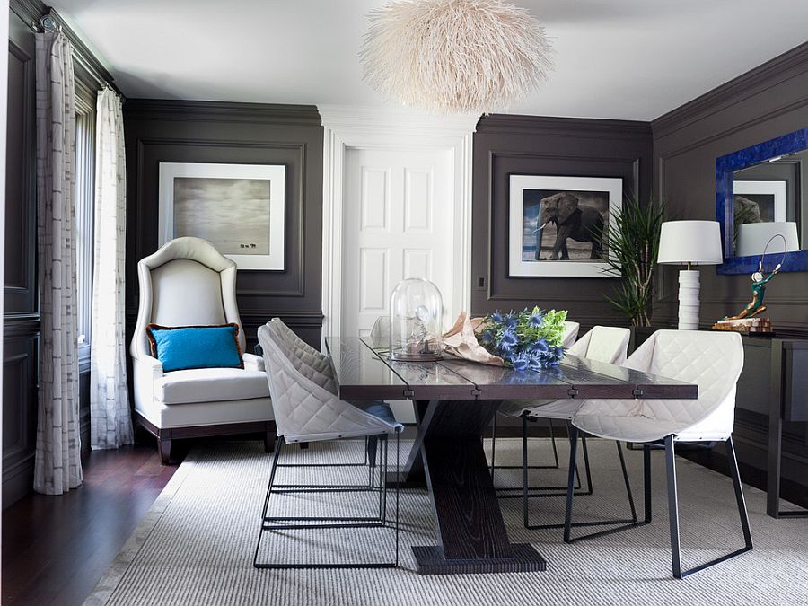 Dining room dark gray walls with royal blue accents