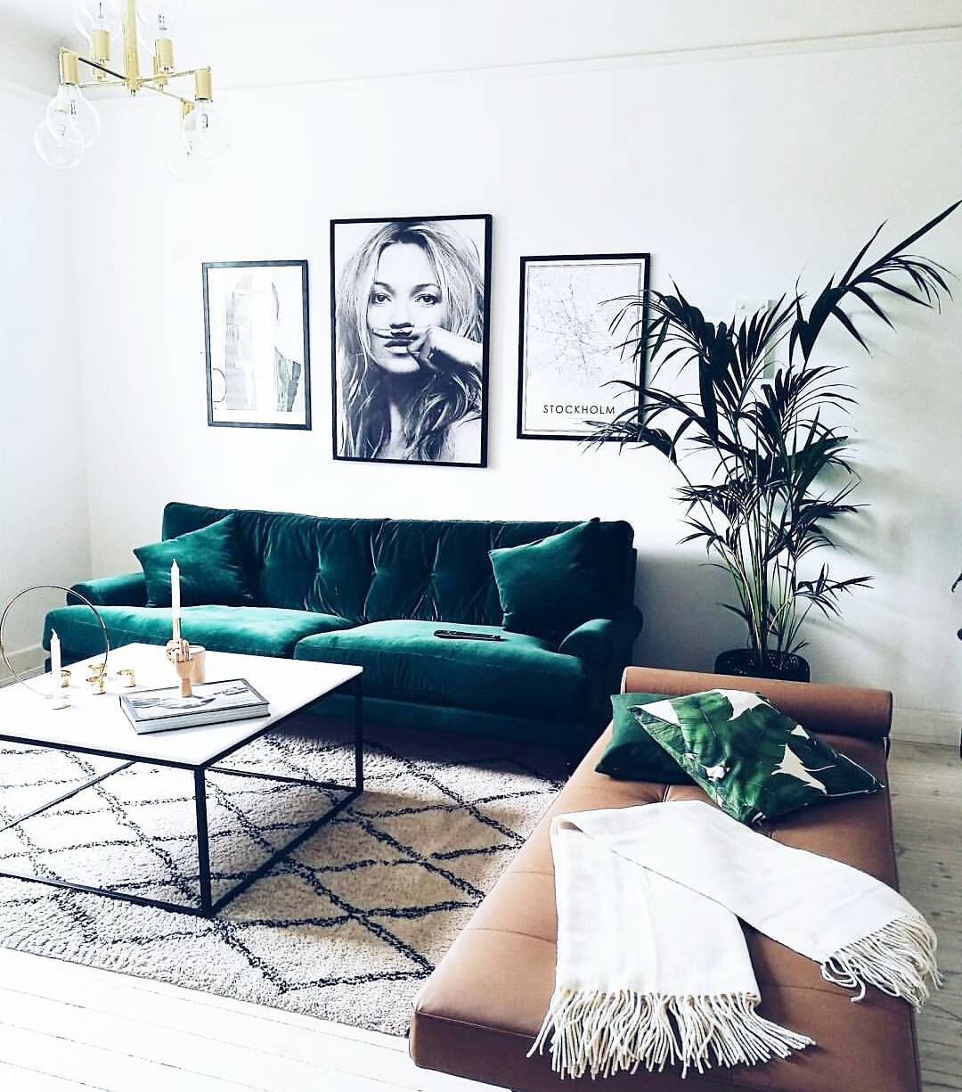 green velvet sofa living space