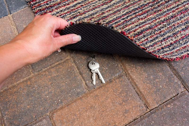 Person lifting an outdoor mat to reveal hidden keys