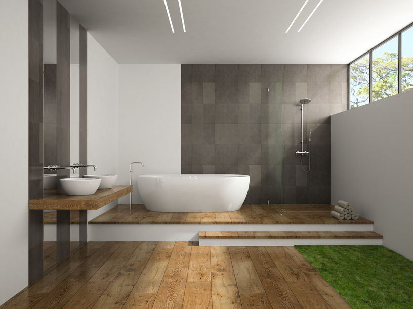 Interior of the bathroom with grass floor 3D rendering