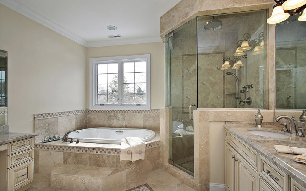 6738782 – master bath in luxury home with large glass shower