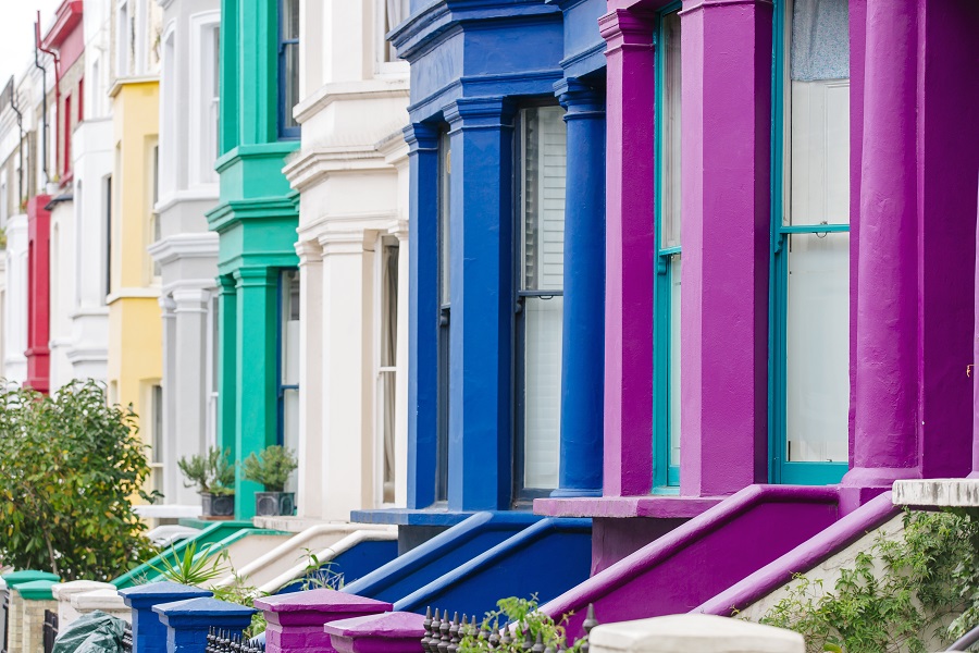 Multi colored vibrant townhouses in Notting Hill, London, England, UK