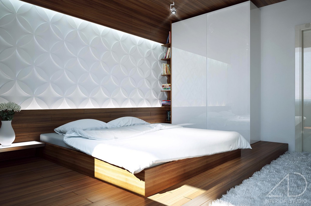 Modern design wooden floor in white bedroom