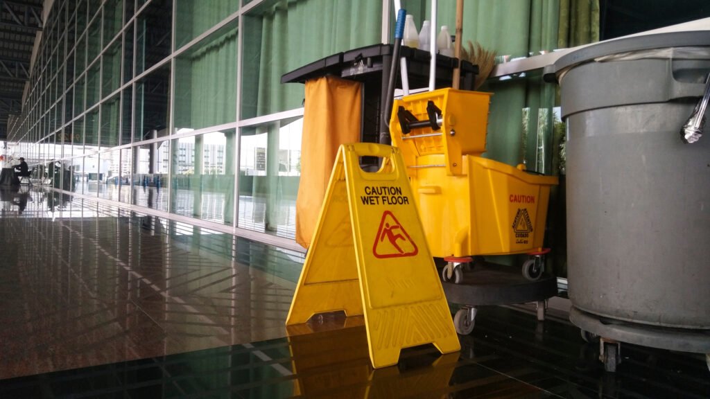 The warning signs cleaning and caution wet floor in the building