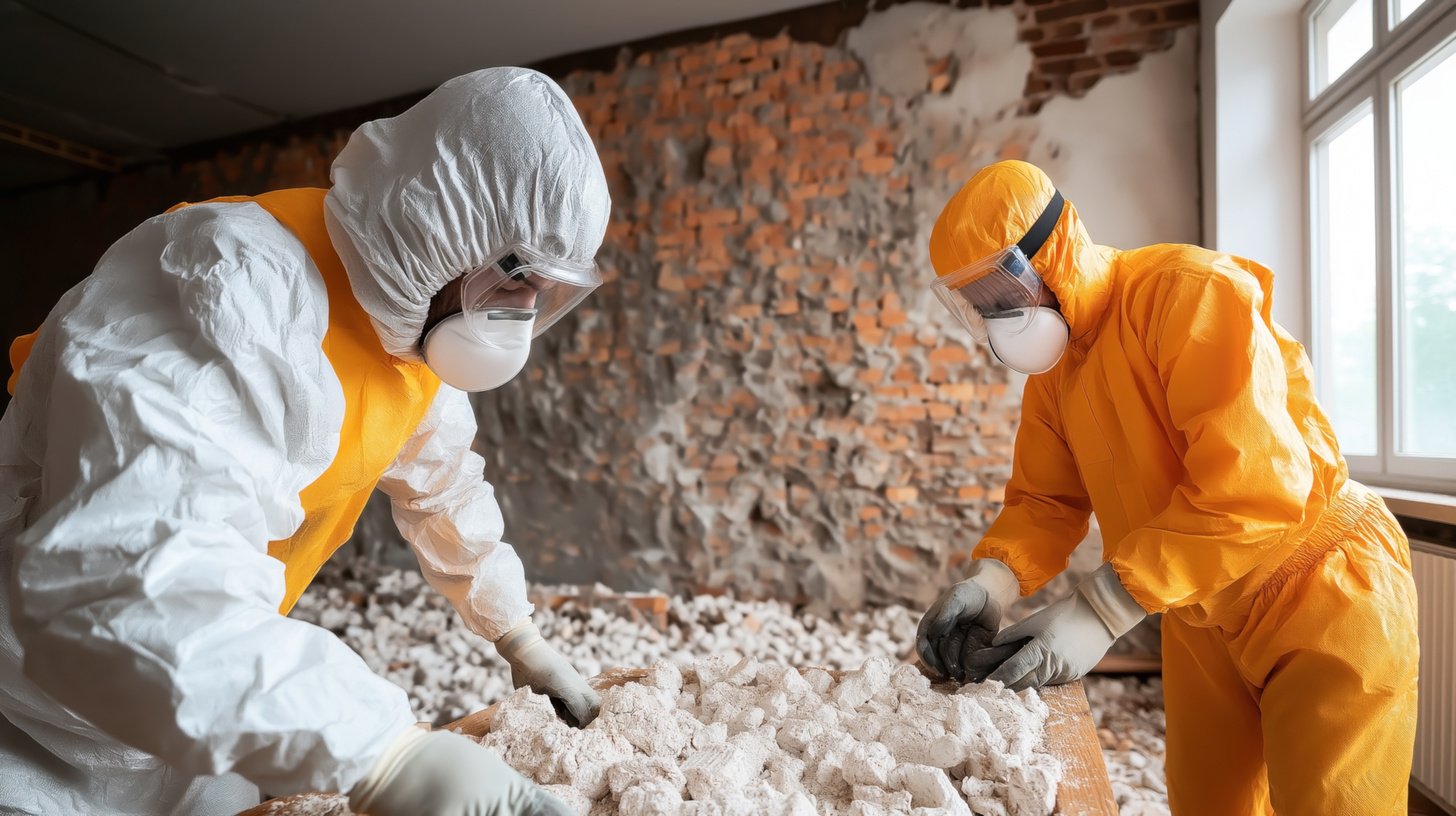 Two workers in protective suits and masks handling debris indoors, likely during a hazardous material cleanup or asbestos removal in a damaged building.